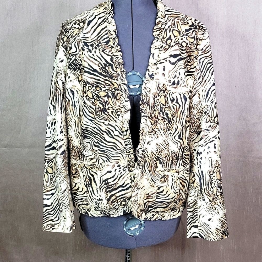 Chico’s‎ 100% Silk Animal Print Ruffle Jacket Women’s Medium